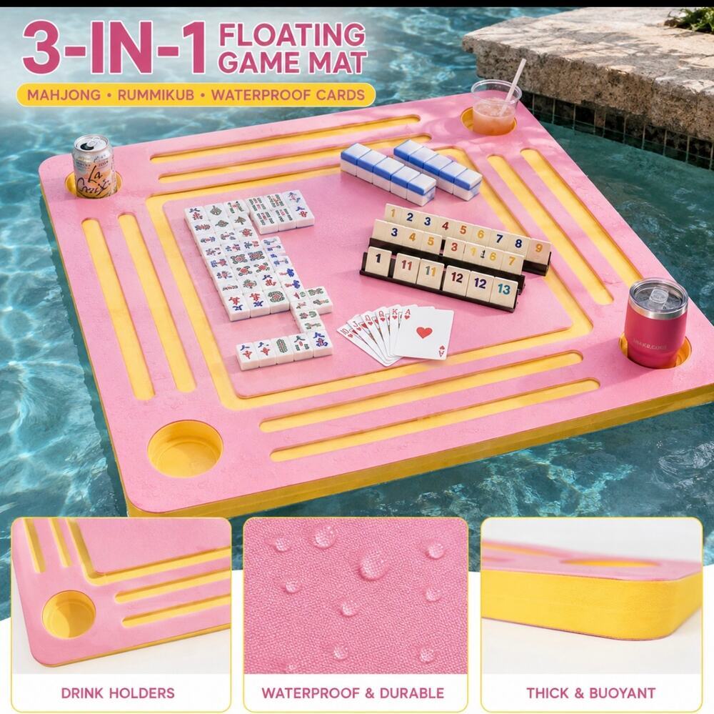 3-in-1 Floating Game Mat Mahjong Rummikub Card Table Pool Pink Yellow 34”